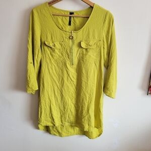 Cathy Linen Rayon Popover Tunic 3/4 Long Sleeve Green Small S